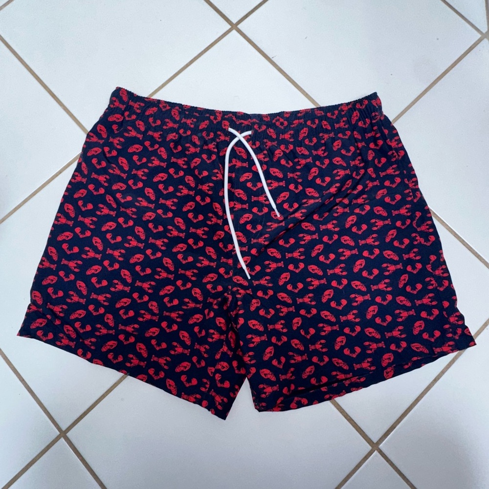 Navy and Red Lobster Print Swim Trunks